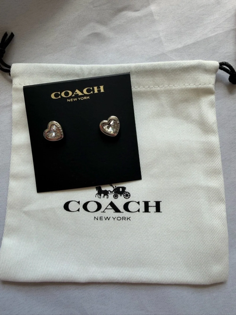 Coach Heart Crystal Stud Earrings Silver Tone Logo Romantic Gift - Picture 6 of 7